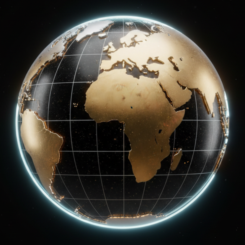 High End Welt Globus, 3D Icon, glowing style, high resolution 4K Optik